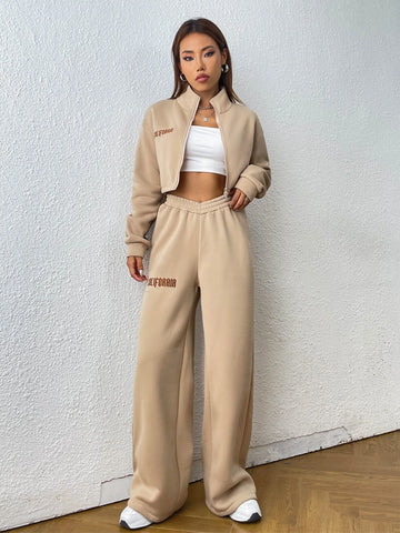 Letter Embroidery Graphic Zip Up Crop Sweatshirt & Wide Leg Sweatpants