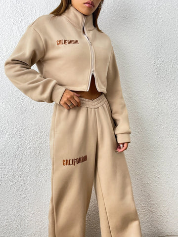 Letter Embroidery Graphic Zip Up Crop Sweatshirt & Wide Leg Sweatpants