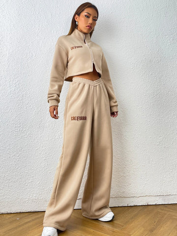Letter Embroidery Graphic Zip Up Crop Sweatshirt & Wide Leg Sweatpants