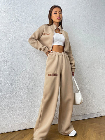 Letter Embroidery Graphic Zip Up Crop Sweatshirt & Wide Leg Sweatpants