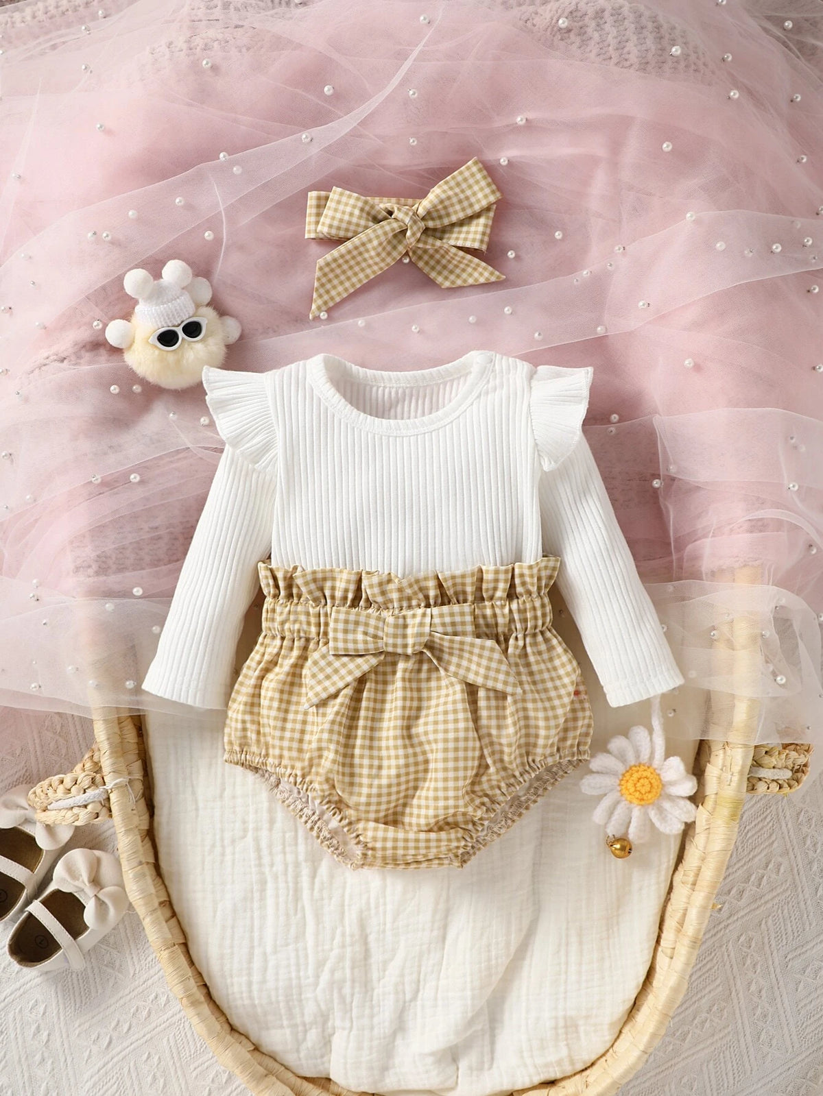 Baby Ruffle Trim Tee & Gingham Print Paperbag Waist Bow Front Shorts