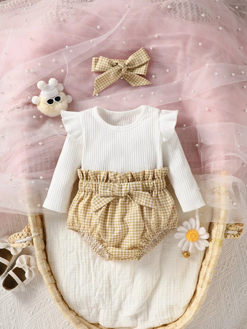 Baby Ruffle Trim Tee & Gingham Print Paperbag Waist Bow Front Shorts