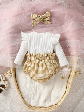 Baby Ruffle Trim Tee & Gingham Print Paperbag Waist Bow Front Shorts
