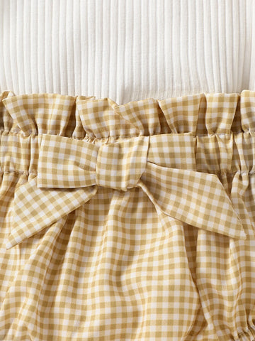 Baby Ruffle Trim Tee & Gingham Print Paperbag Waist Bow Front Shorts