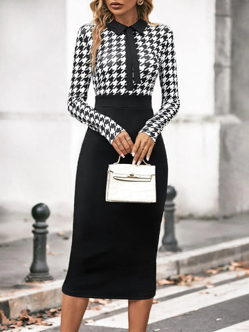 Houndstooth Print Bodycon Dress Without Belt