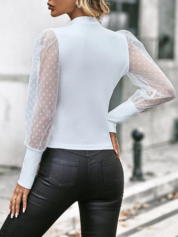 Contrast Dobby Mesh Bishop Sleeve Mock Neck Tee