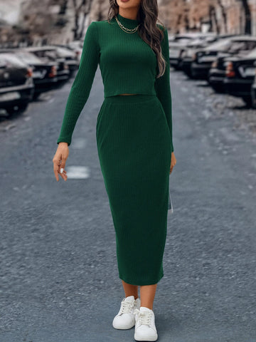 Mock Neck Ribbed Knit Tee & Skirt