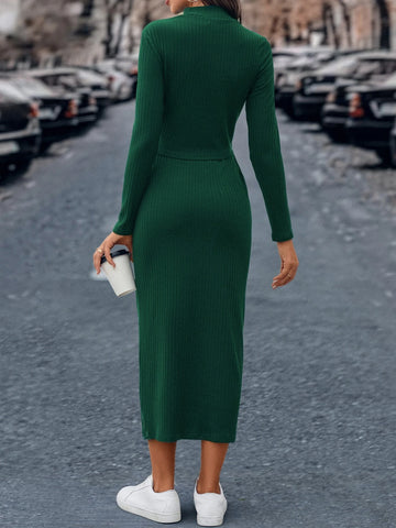 Mock Neck Ribbed Knit Tee & Skirt