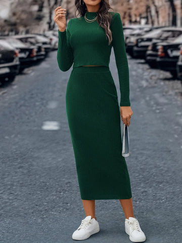 Mock Neck Ribbed Knit Tee & Skirt