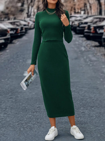 Mock Neck Ribbed Knit Tee & Skirt