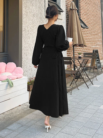 DAZY Surplice Neck Bishop Sleeve Lace Up Side Dress