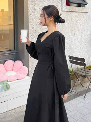 DAZY Surplice Neck Bishop Sleeve Lace Up Side Dress