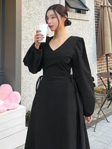 DAZY Surplice Neck Bishop Sleeve Lace Up Side Dress