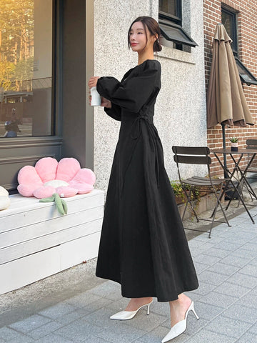 DAZY Surplice Neck Bishop Sleeve Lace Up Side Dress