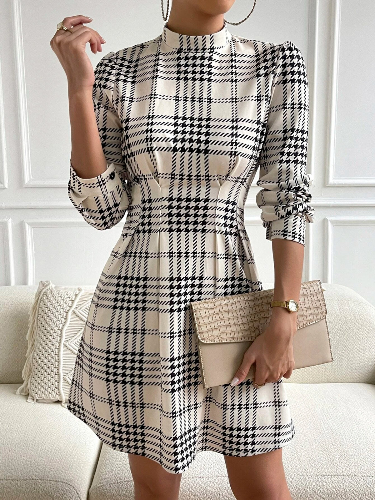 Plaid Print Puff Sleeve Pleated Detail Mock Neck Dress