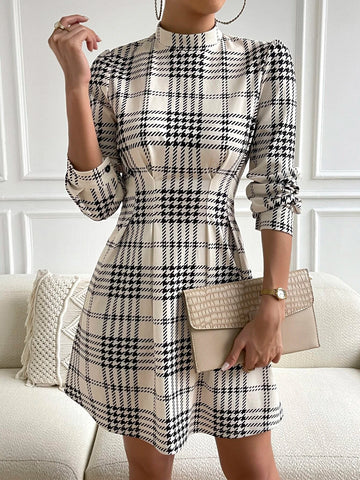 Plaid Print Puff Sleeve Pleated Detail Mock Neck Dress