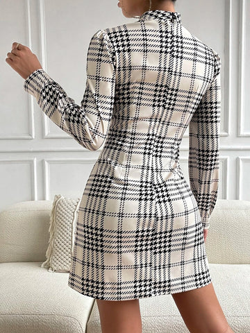 Plaid Print Puff Sleeve Pleated Detail Mock Neck Dress