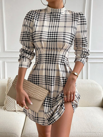 Plaid Print Puff Sleeve Pleated Detail Mock Neck Dress
