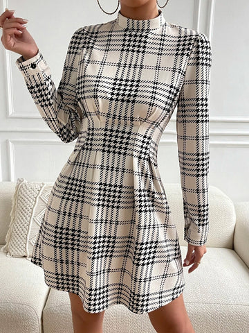 Plaid Print Puff Sleeve Pleated Detail Mock Neck Dress