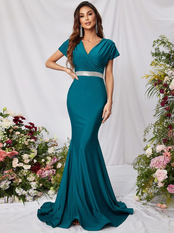 Surplice Neck Ruched Bust Mermaid Hem Prom Dress