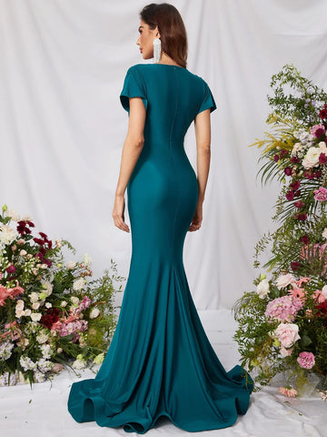 Surplice Neck Ruched Bust Mermaid Hem Prom Dress