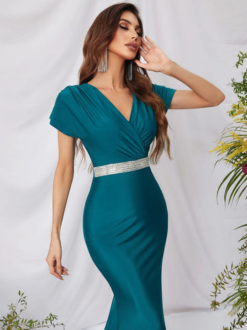 Surplice Neck Ruched Bust Mermaid Hem Prom Dress