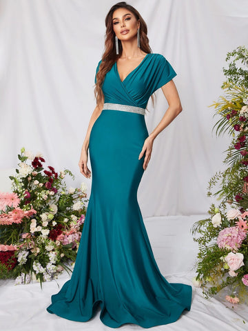 Surplice Neck Ruched Bust Mermaid Hem Prom Dress