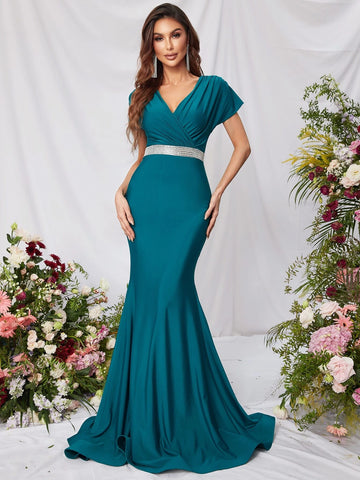 Surplice Neck Ruched Bust Mermaid Hem Prom Dress