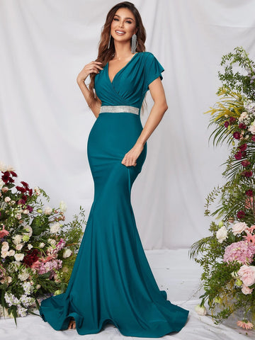 Surplice Neck Ruched Bust Mermaid Hem Prom Dress
