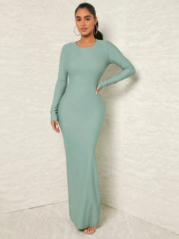 SXY Solid Tie Backless Split Thigh Maxi Bodycon Dress