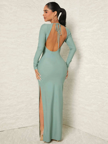 SXY Solid Tie Backless Split Thigh Maxi Bodycon Dress