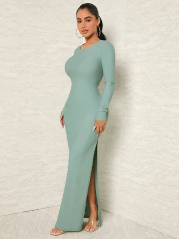 SXY Solid Tie Backless Split Thigh Maxi Bodycon Dress