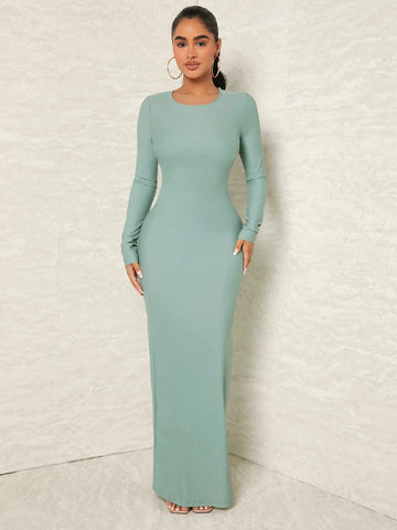 SXY Solid Tie Backless Split Thigh Maxi Bodycon Dress