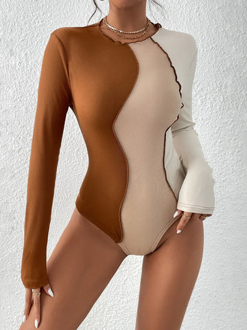 Colorblock Top-stitching Ribbed Knit Bodysuit