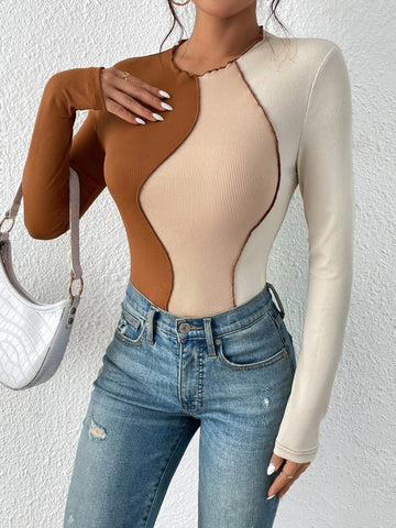 Colorblock Top-stitching Ribbed Knit Bodysuit