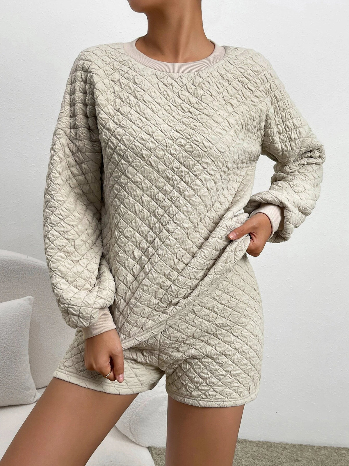 Solid Drop Shoulder Sweatshirt & Shorts