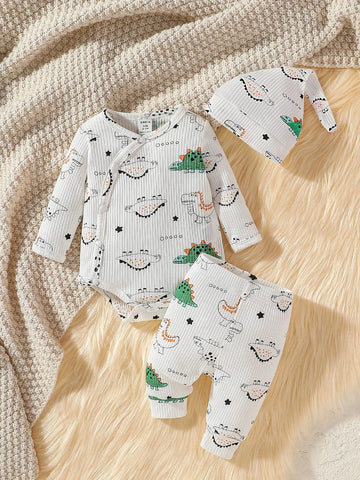 Newborn Baby Croissant Print Bodysuit & Pants & Hat