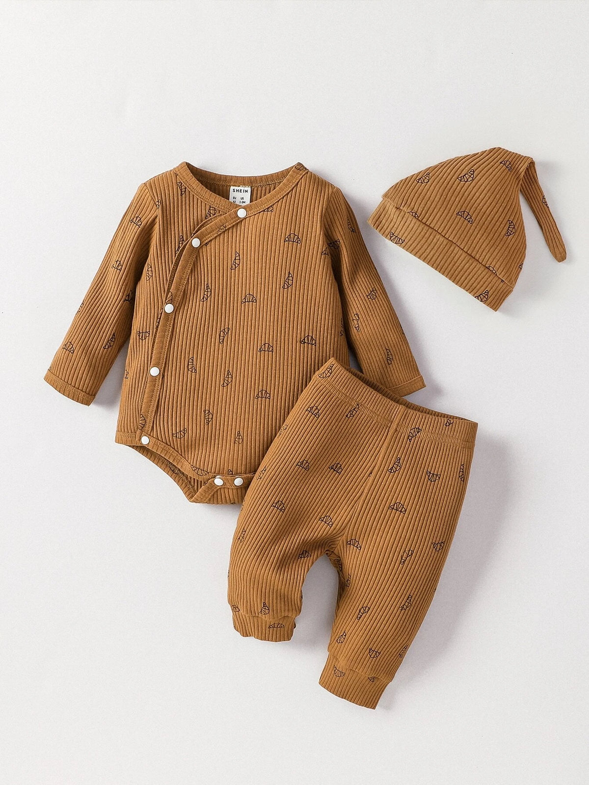 Newborn Baby Croissant Print Bodysuit & Pants & Hat