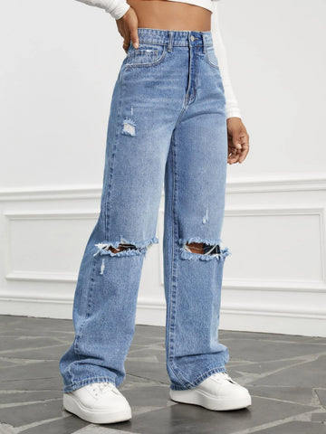 High Waist Ripped Wide Leg Jeans