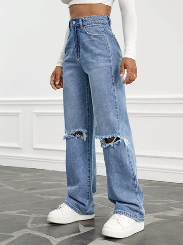 High Waist Ripped Wide Leg Jeans
