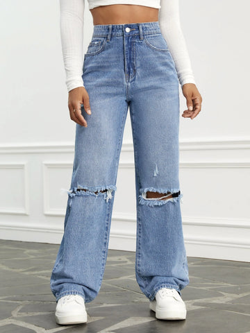 High Waist Ripped Wide Leg Jeans