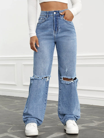 High Waist Ripped Wide Leg Jeans