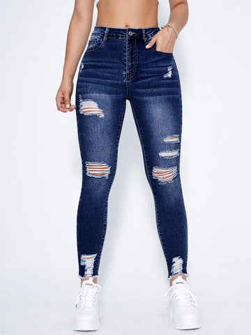 High Waist Ripped Moustache Effect Skinny Jeans