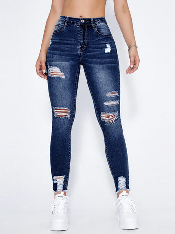 High Waist Ripped Moustache Effect Skinny Jeans
