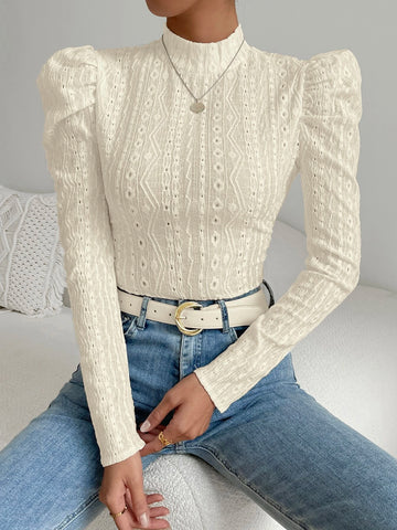 Felegant Mock Neck Gigot Sleeve Eyelet Embroidery Tee
