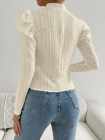 Felegant Mock Neck Gigot Sleeve Eyelet Embroidery Tee