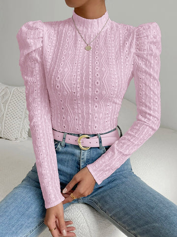 Felegant Mock Neck Gigot Sleeve Eyelet Embroidery Tee