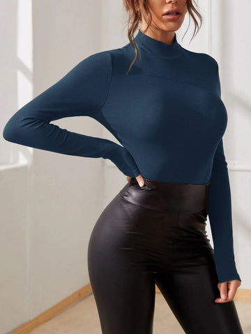 SXY Solid Mock Neck Rib-knit Bodysuit