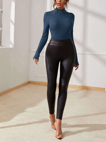 SXY Solid Mock Neck Rib-knit Bodysuit