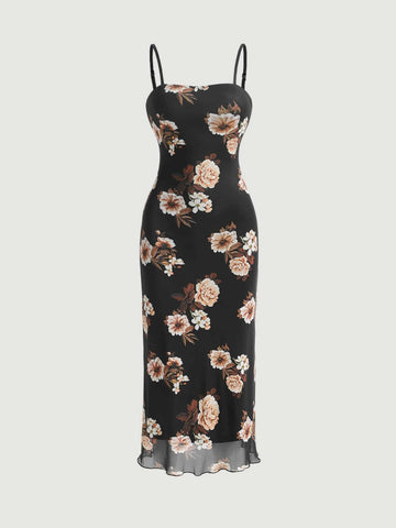 Floral Print Lettuce Trim Cami Dress